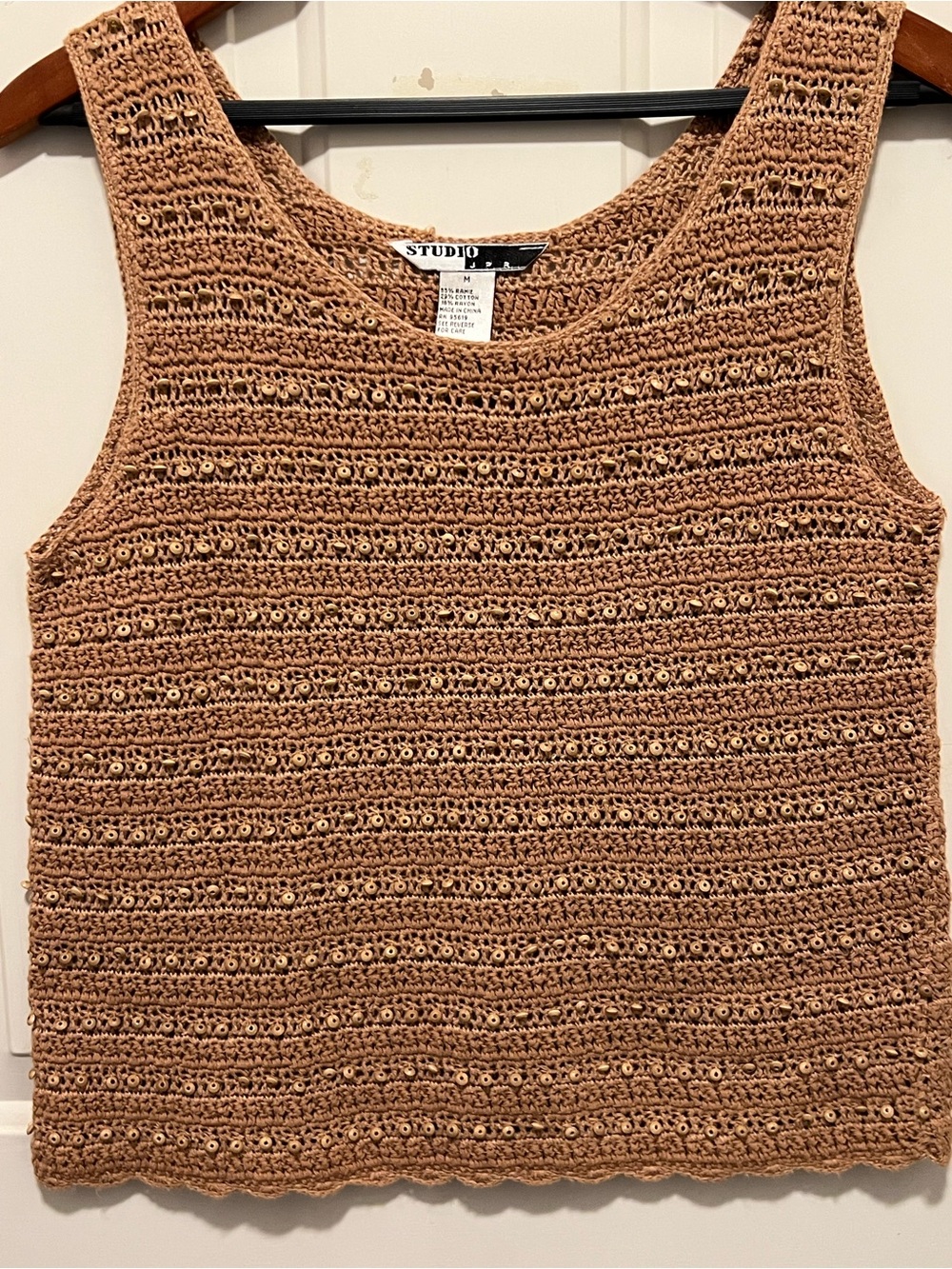 Studio Crochet Beaded Sleeveless Blouse in Camel Brown/Gold Size Medium